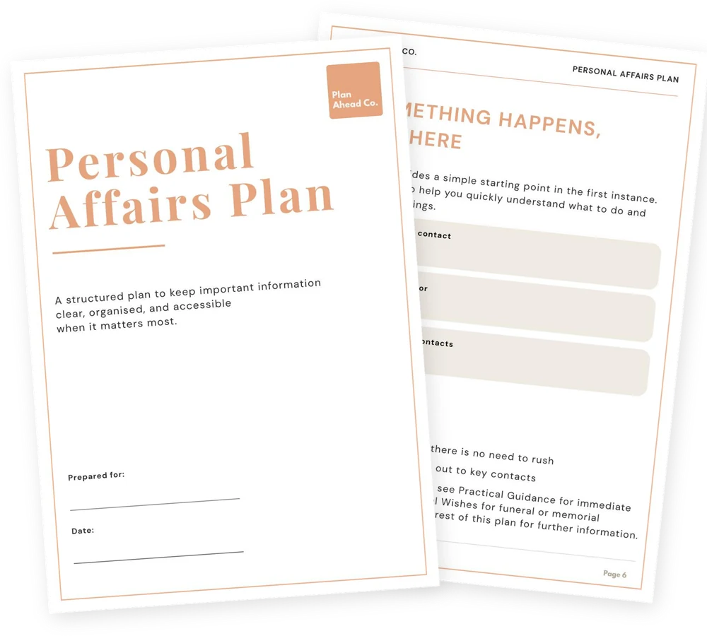 The Personal Affairs Plan cover with its Start Here page behind it