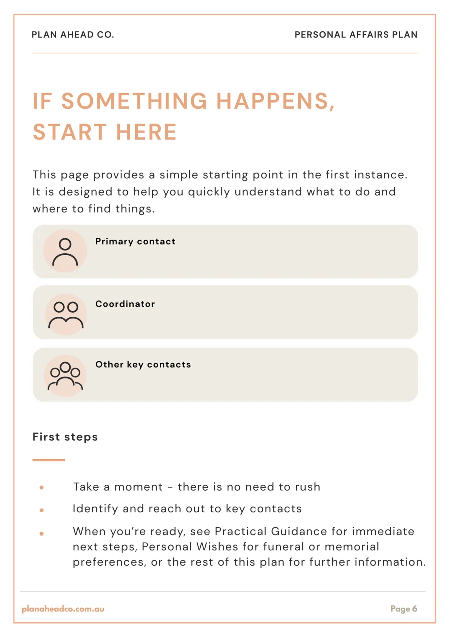 The Start Here page of the Personal Affairs Plan, with spaces for the primary contact, coordinator and other key contacts