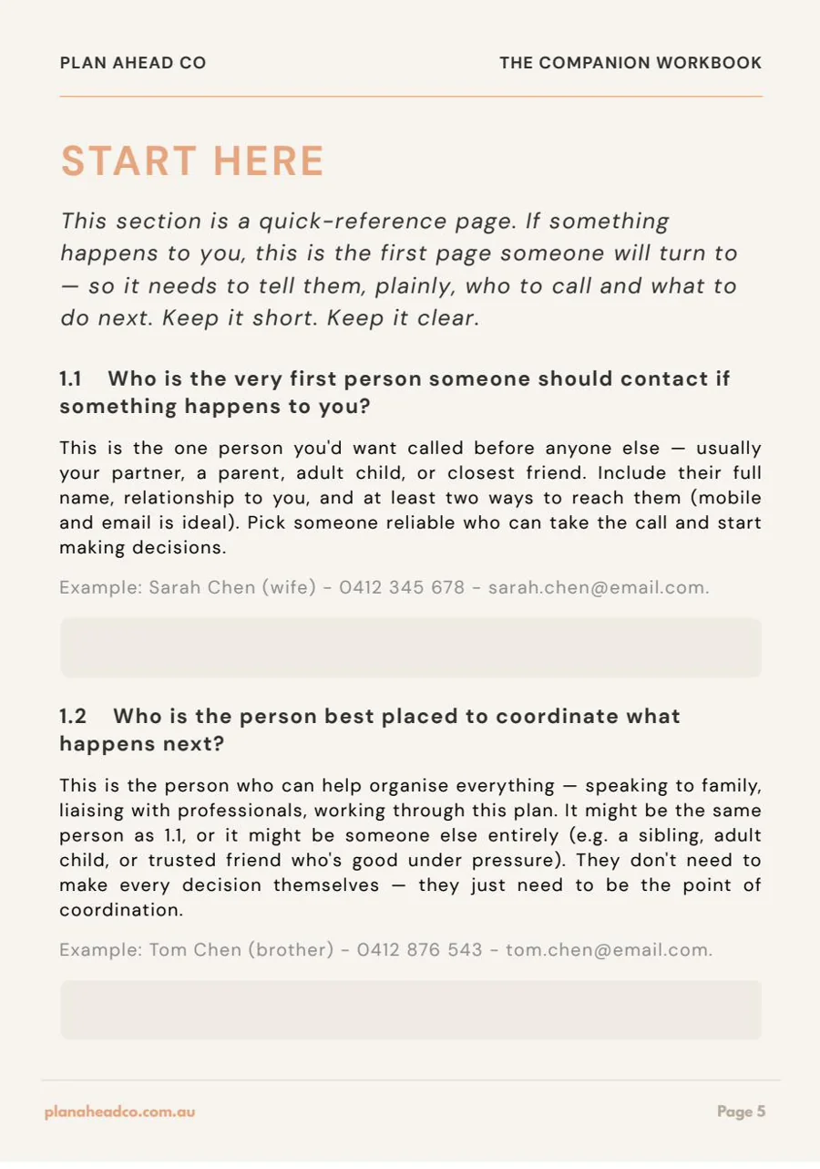 A Companion Workbook page with questions, guidance and examples for the Start Here section